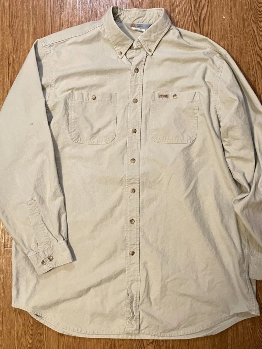 Vintage 90's Carhartt Canvas Work Shirt S12 STN Mens XL Tall Made in USA Stone
